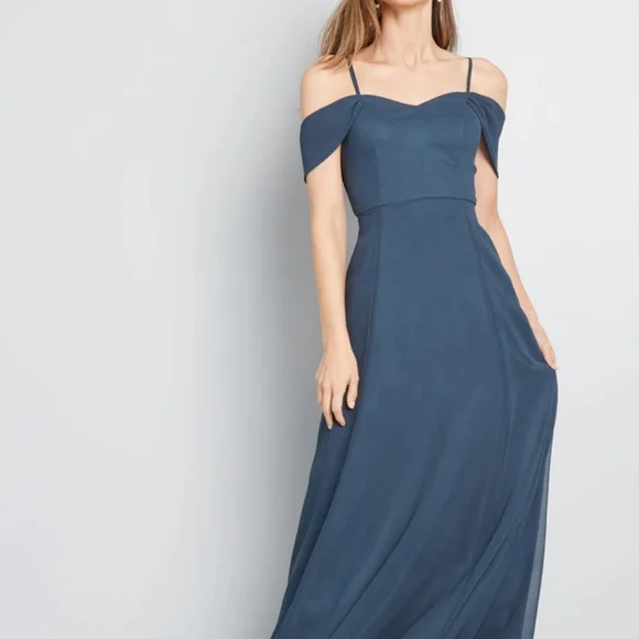 NWT MODCLOTH BLUE RESOUNDING OFF SHOULDER GOWN FORMAL WEDDING GUEST PROM  SZ: 0